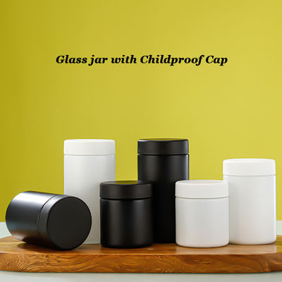 Logo/Graphic Design Borosilicate Glass Round Storage Jars with Childproof Cap in Black Matte and White Matte